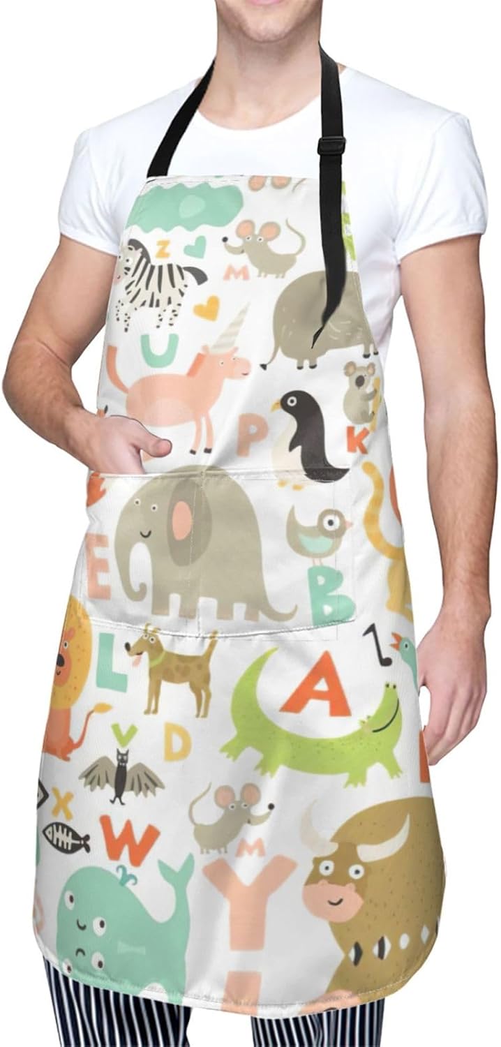 Zoo Alphabet Animal Print Laundry apron 28x33 In Waterproof Kitchen Apron with Pockets for Cooking Baking