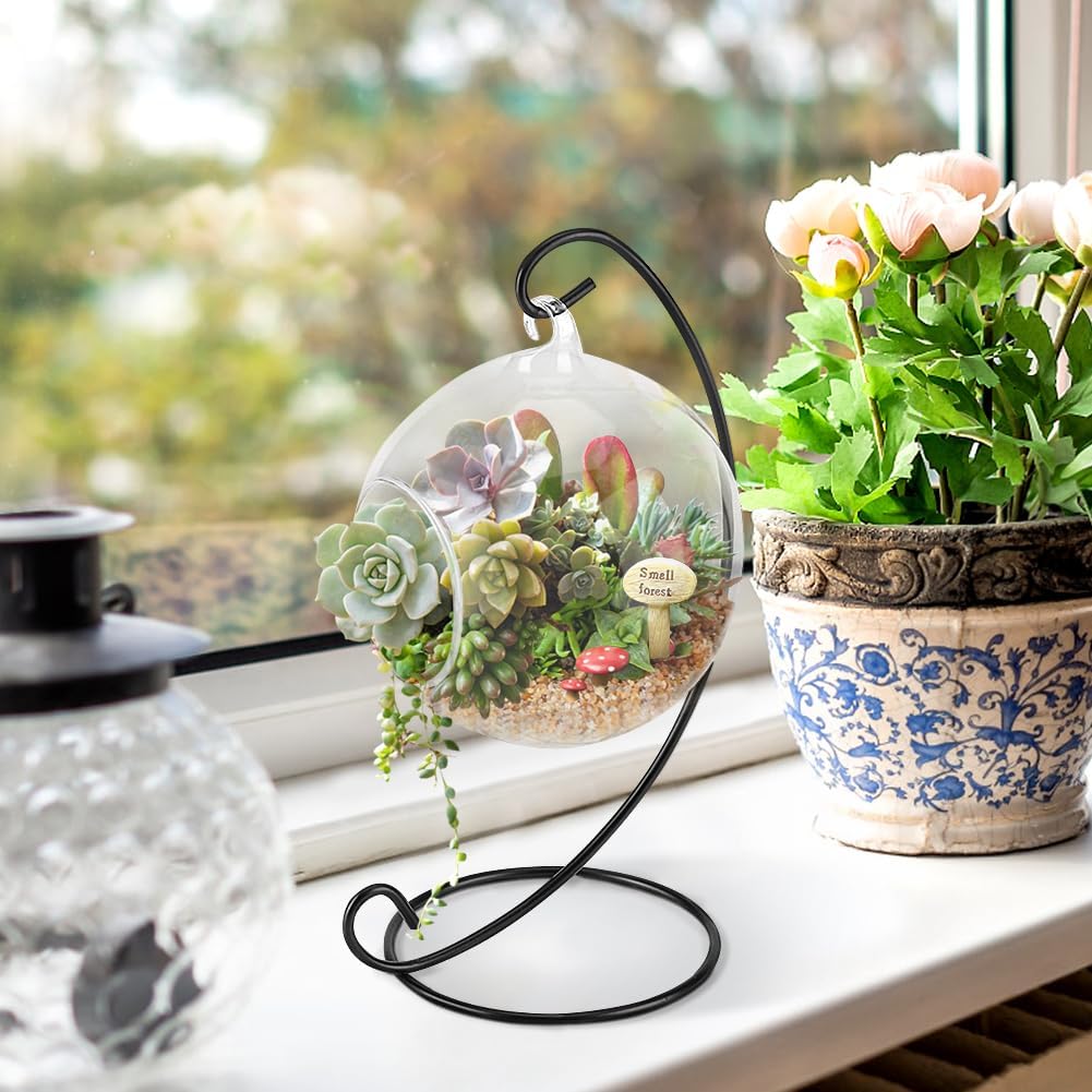 Air Plant Terrarium Kit with Stand, Hanging Glass VaseTerrarium Globe with Metal Ornament Display Stand Tabletop Glass Terrarium for Air Plants Succulent Planters Small Plants