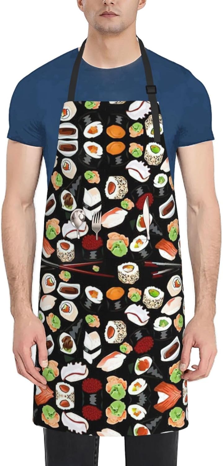 Japanese Sushi Black print Waterproof apron with pocket adjustable coo