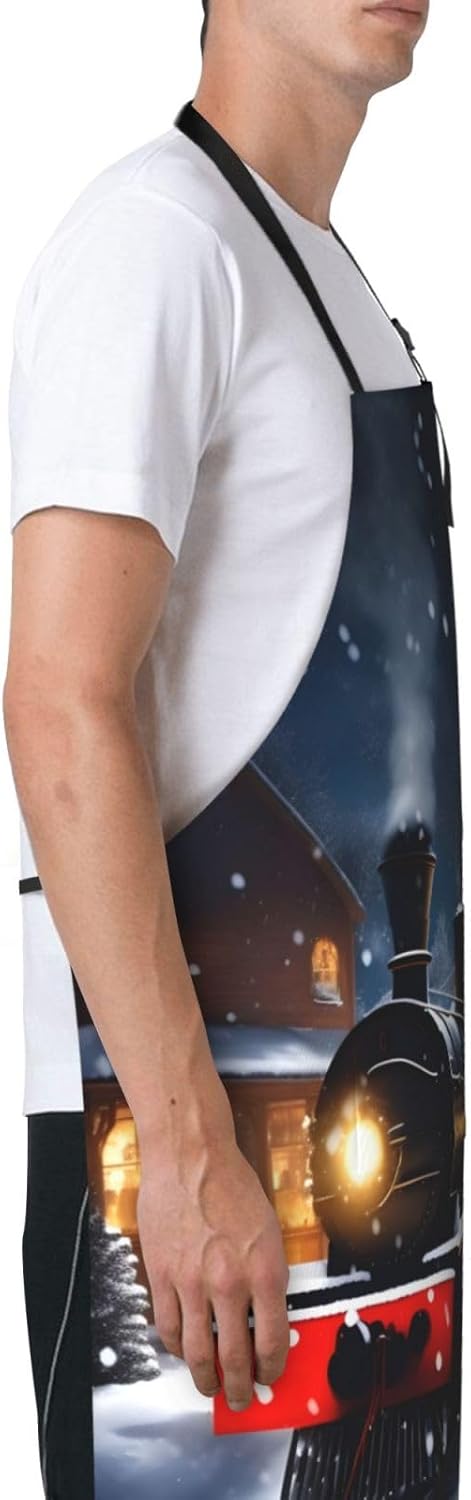 Winter Christmas Snow Night Railway Train print Waterproof apron with 