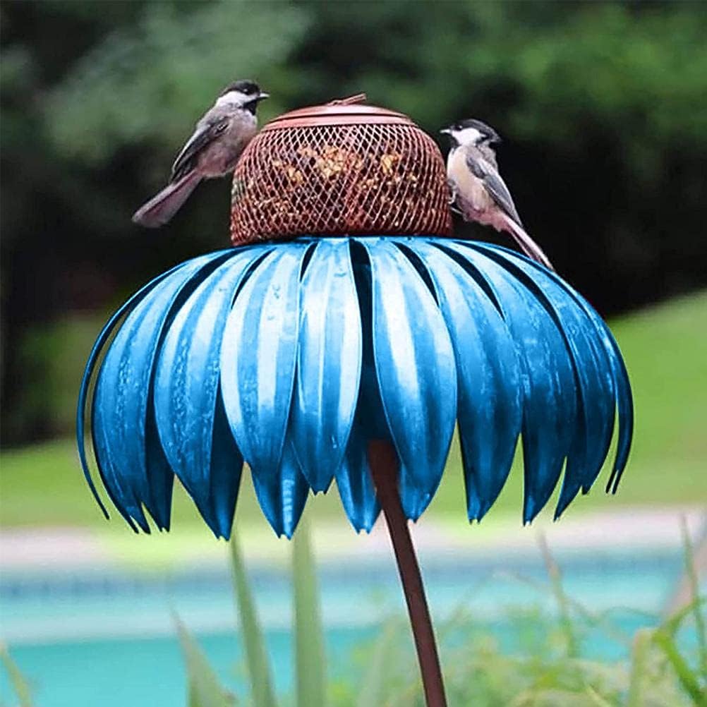 Bird Feeder, Red Coneflower Standing Bird Feeder Metal Flower Stakes Garden Bird Feeder Metal Bird Seed Tray for Outdoor Garden Decoration (blue)