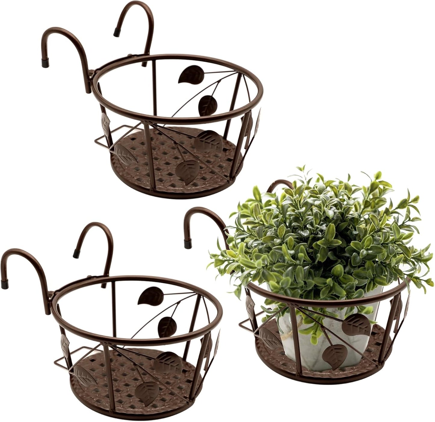 Iron Hanging Basket Flower Pot Support Home Outdoor Balcony Plant Hanging Basket Flower Pot Support Fence Planting Garden Plant Iron Product Pack of 3 (Champagne Color)