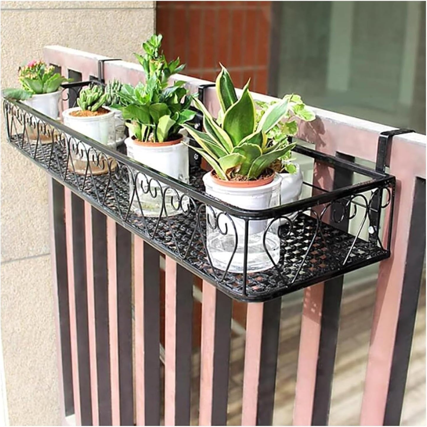 Black and White Railing Planter - Iron Fence Planters for Balcony, STO Rack Flower Pot Stand, Hanging Planter (25x80x12cm) - Durable Outdoor Decor