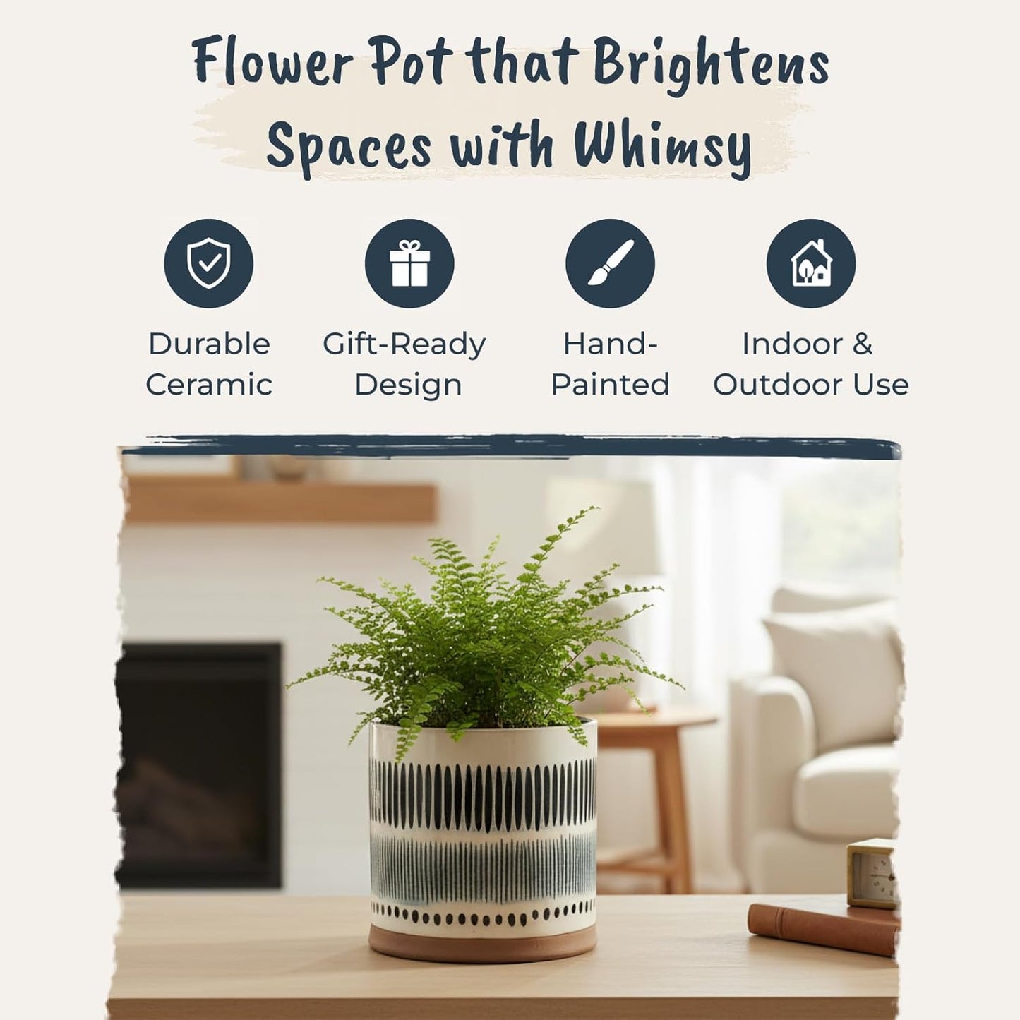 Blue Sky Clayworks Ink Toby 5" Flower Pot, Ceramic, 6" D x 6" W x 6" H, Graphic Dash-and-Dot Pop