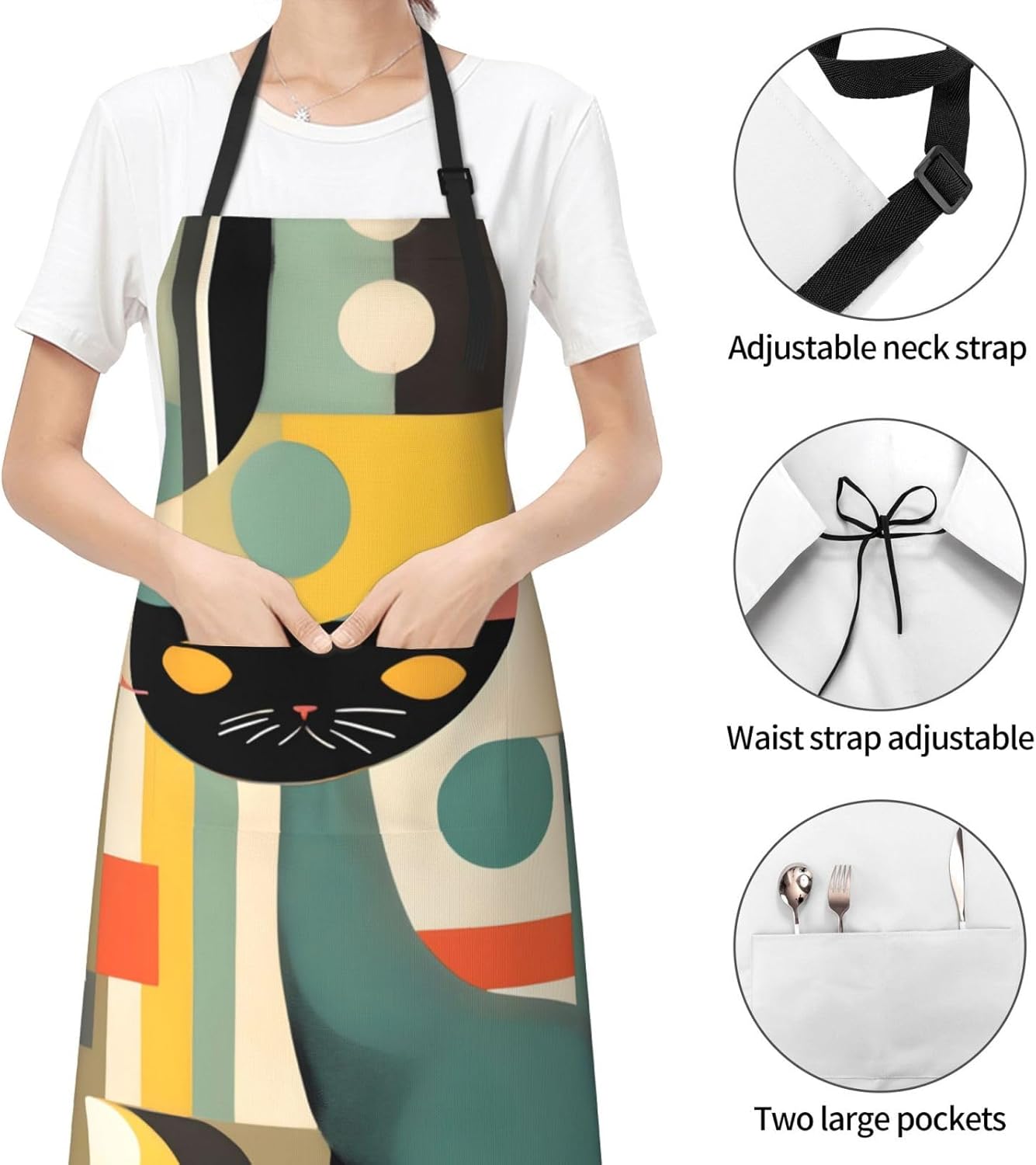 Mid-Century Modern Art Cat print Waterproof apron with pocket adjustable cooking apron for adult kitchen bibs to bake