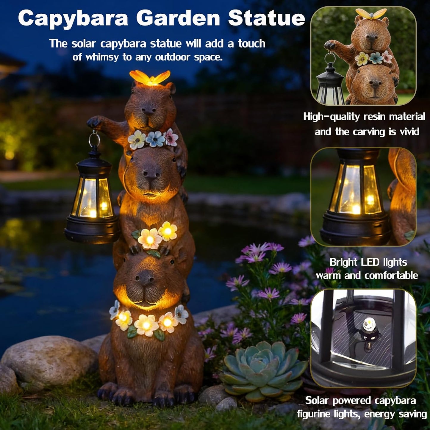 Duck Garden Statue with Solar Lantern, Cute Duck Figurine Waterproof Garden Decor for Outdoor, Porch Goose Statue Outside Duck Light for Yard Art Lawn Pond, Perfect Duck Gifts for Women (Capybara)