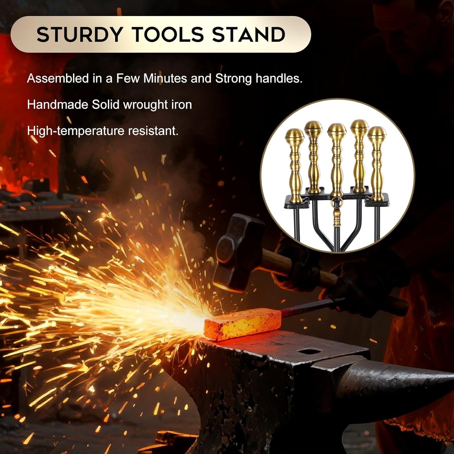 FEED GARDEN Fireplace Tools Set 5 Pieces Modern 30 Inch Outdoor Wrought Iron Fireplace Elegant Brass Handles Accessories Set with Poker, Tongs, Shovel, Brush, Base