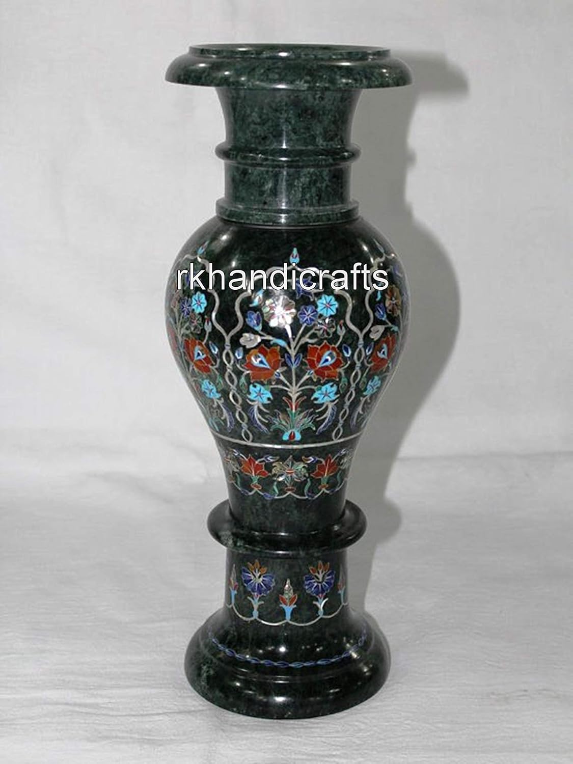 Natural Gemstone Inlay Work Plant Stand for Bar Area Decor Green Marble Flower Pot with Luxury Look 14 Inches