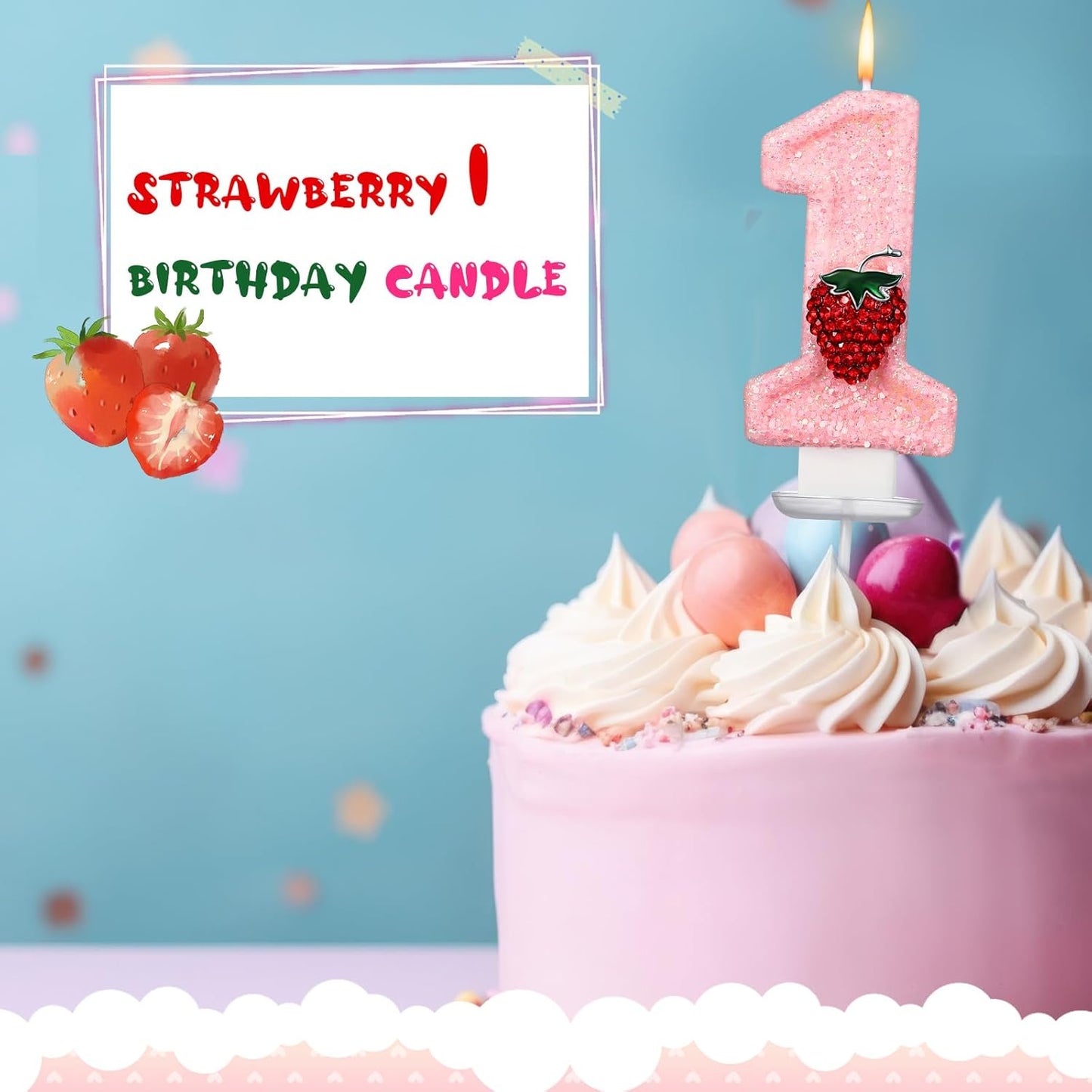 Strawberry 1 Candle for First Birthday Pink Number 1 Candle Berry One Glitter Cake Topper for Strawberry 1st Birthday Party Supplies Anniversary Decorations