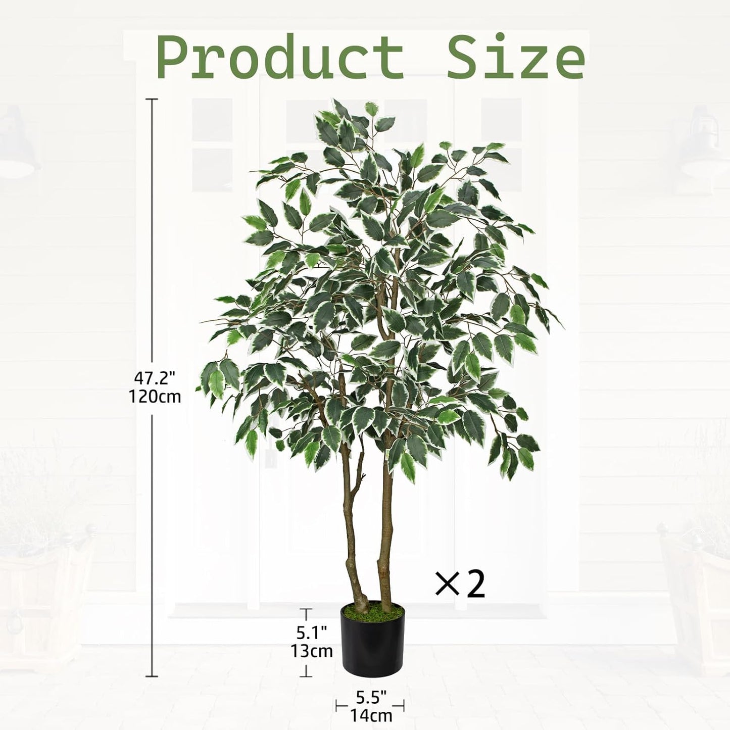 2 Pack Artificial Ficus Tree 4ft Silk Fake Ficus Leaves Plant 120cm Potted Faux Ficus Tree with Decorative Moss Dual Trunks Indoor Outdoor Big Fake Plants with Pot for Home Garden Office Livingroom