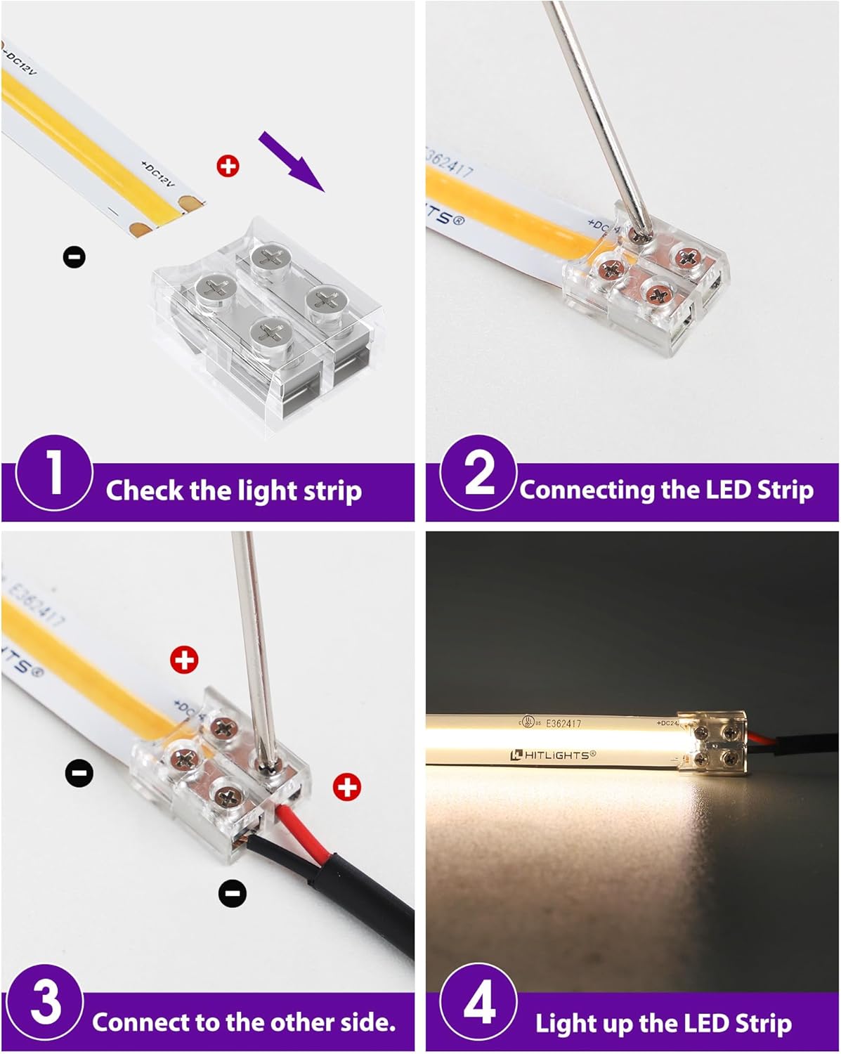 HitLights 12 Pack LED Connector 2 Pin 8mm Solderless LED Tape Lights Connector Transparent LED Strip Lights Connectors with Screwdriver Strip to Wire for 12V 24V Single Color LED Light Strips