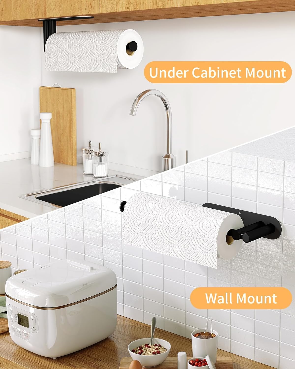 Under Cabinet Paper Towel Holder for Kitchen, Upgraded Heavy Duty Double Pole Design, Both Available in Adhesive & Screws, Self-Adhesive Bar Rack for Kitchen Towel, Stainless Steel, Black