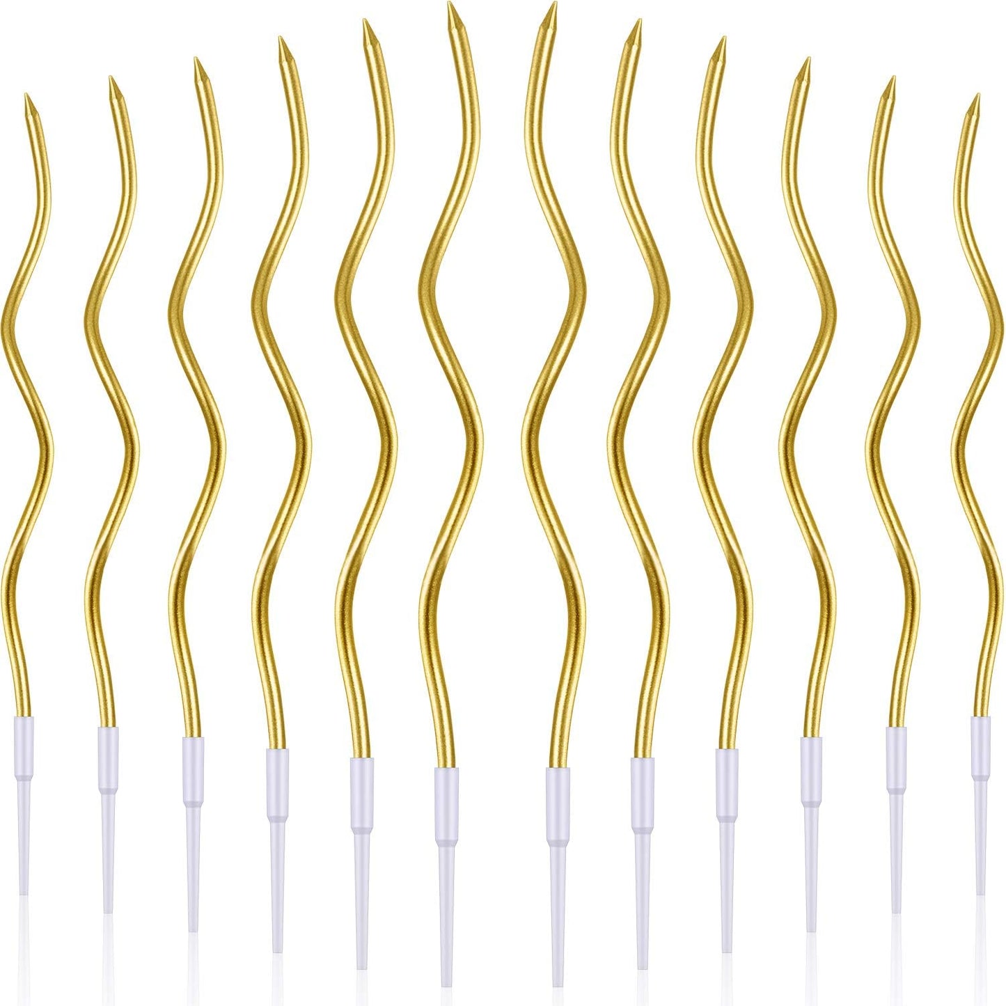 BBTO 12 Pcs Twisted Birthday Candles Spiral Metallic Cupcake Thin Long Cake Candles with Holders for Birthday Wedding Party(Gold)