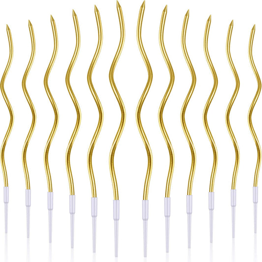 BBTO 12 Pcs Twisted Birthday Candles Spiral Metallic Cupcake Thin Long Cake Candles with Holders for Birthday Wedding Party(Gold)