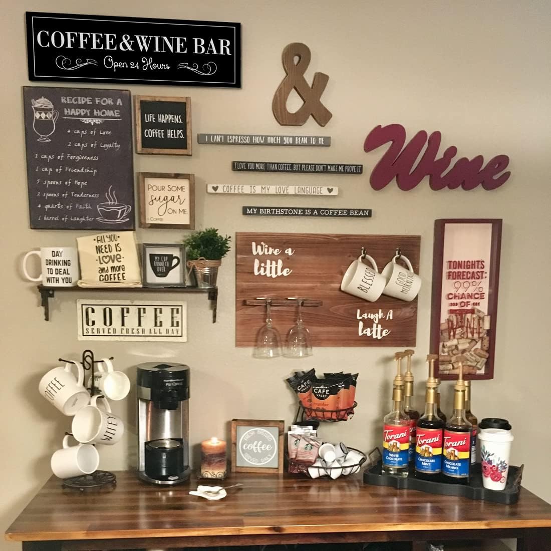 WOWGOOMO Coffee and Wine Bar Signs Decor, Classic Kitchen Wine Cabinet