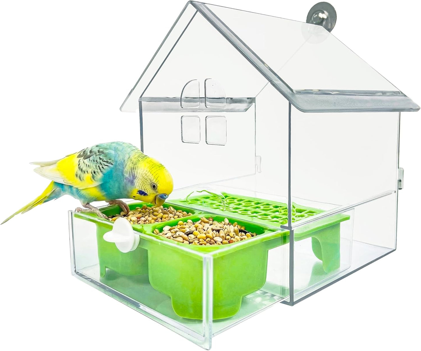 Pull-Out Transparent Bird Feeder with 2 Chambers - Easy Clean Hanging Feeder, Outdoor Window Feeding Station for Watching, Garden Yard Deck