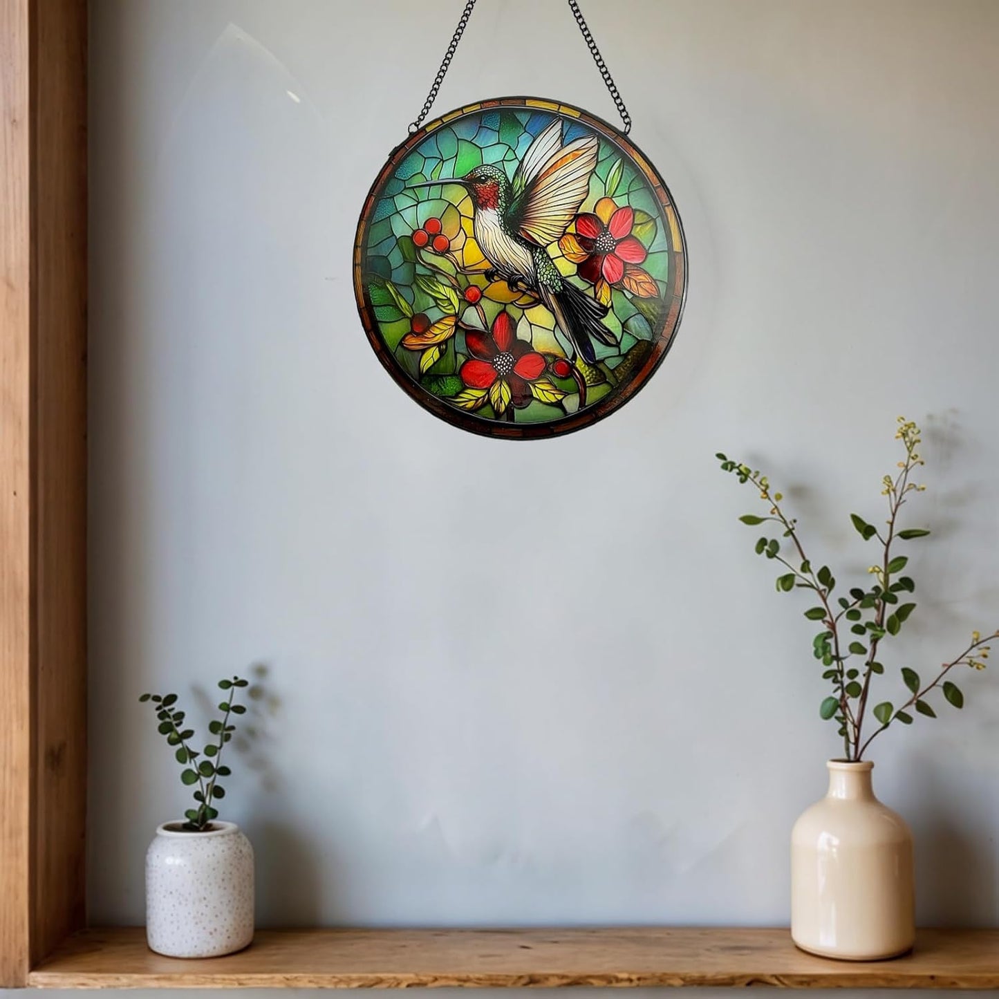Stained Glass Hummingbird Suncatcher for Windows Hanging, 7.87x7.87 Inches Handmade Window Decor, Gift for Bird Lovers Women - Mom, Grandma, Aunt for Birthday Valentine's Day Mother's Day
