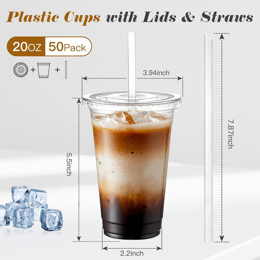 Ginkgo 50 Pack 20 oz Plastic Iced Coffee Cups with Lids and Straws, Clear Disposable To Go Cups for Coffee, Cold Drinks, Smoothie and Coffee Bar Accessories