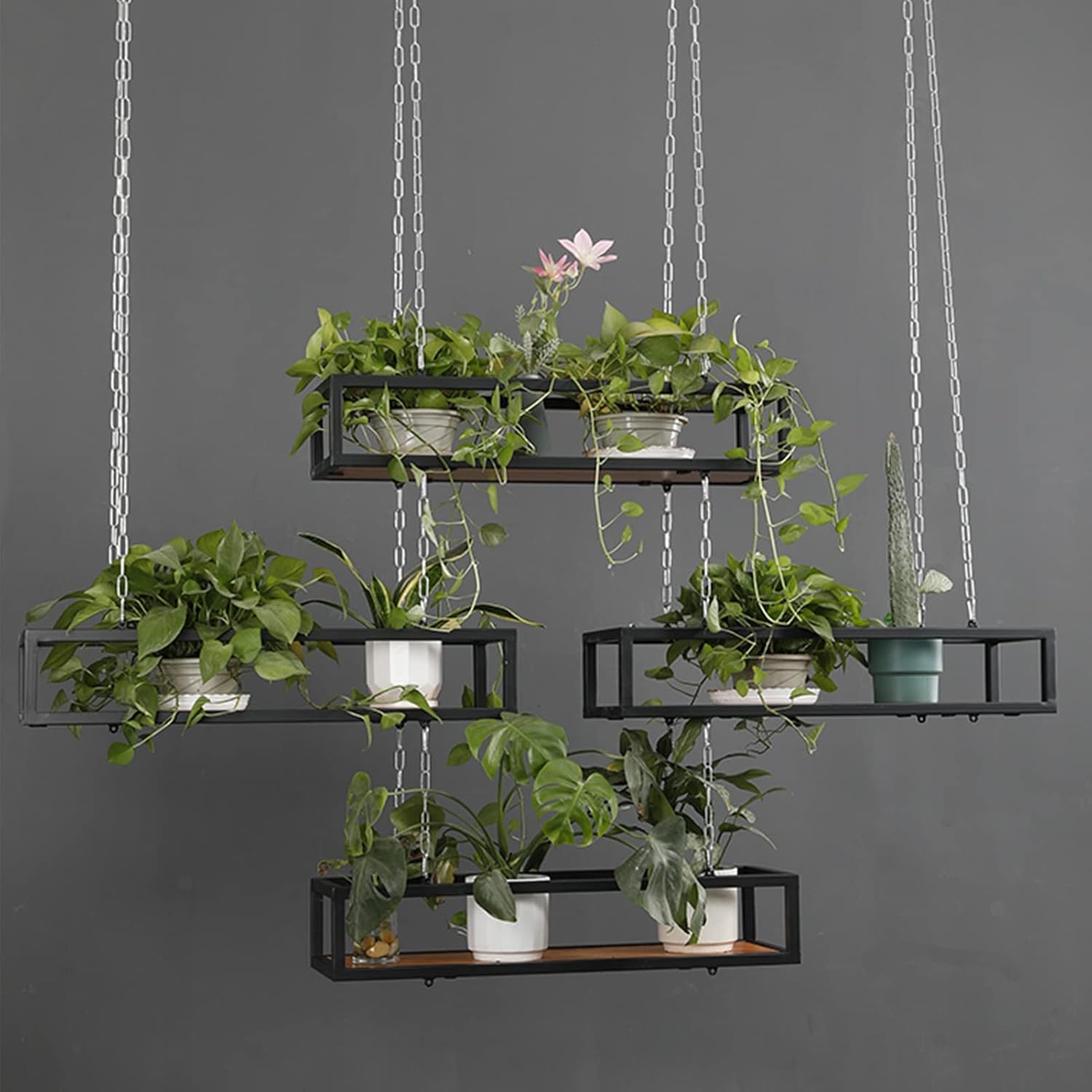 Creative Hanging Flower Pot Display Rack, Solid Wood & Iron Frame Plan