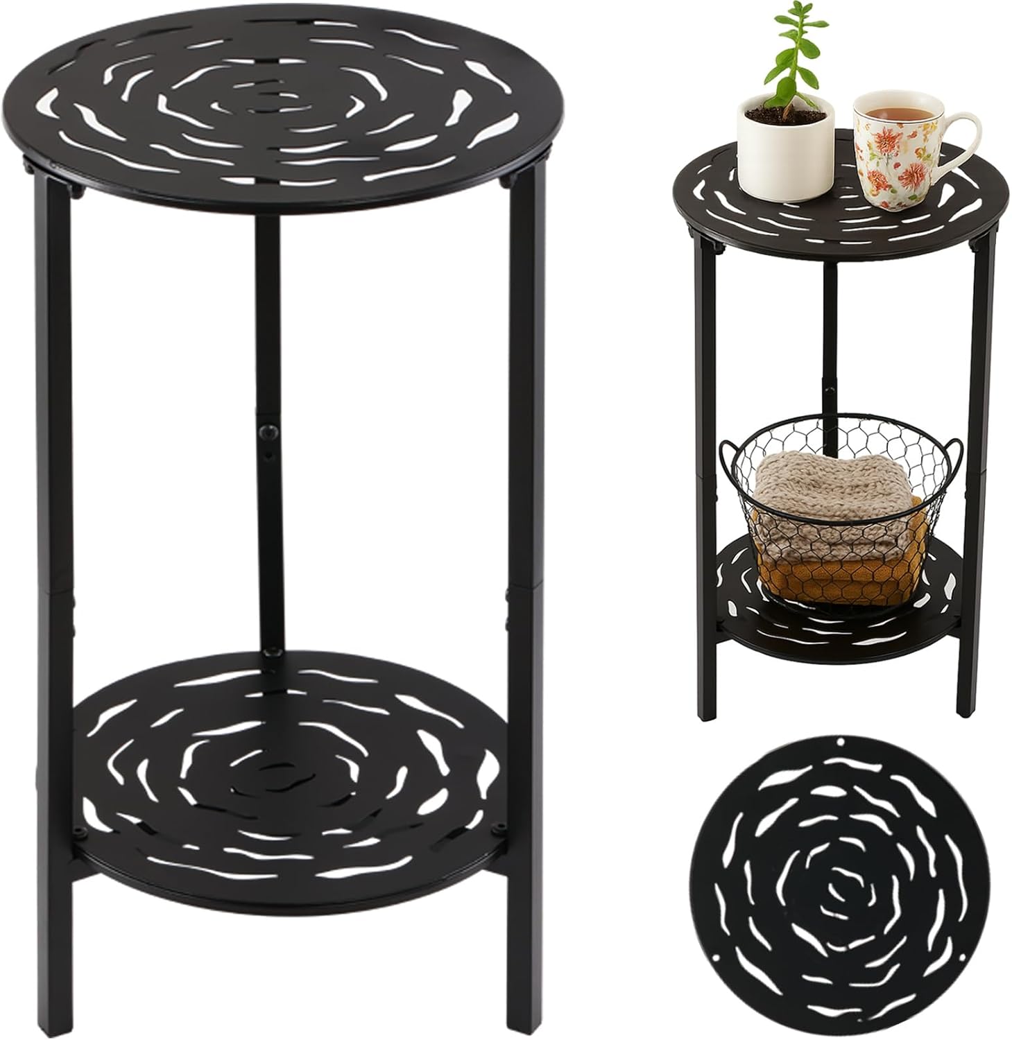 2-Tier Metal Round Side Table Black Accent Coffee Tables Small Space C