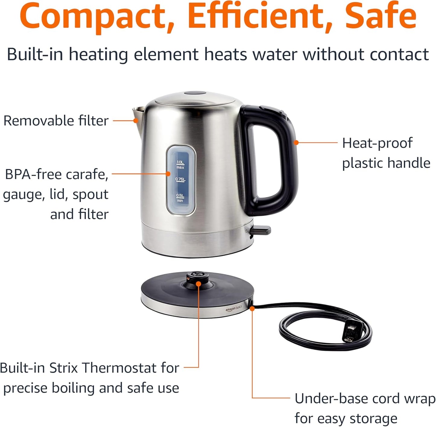 Amazon Basics Electric Stainless Steel Kettle for Tea and Coffee, BPA-