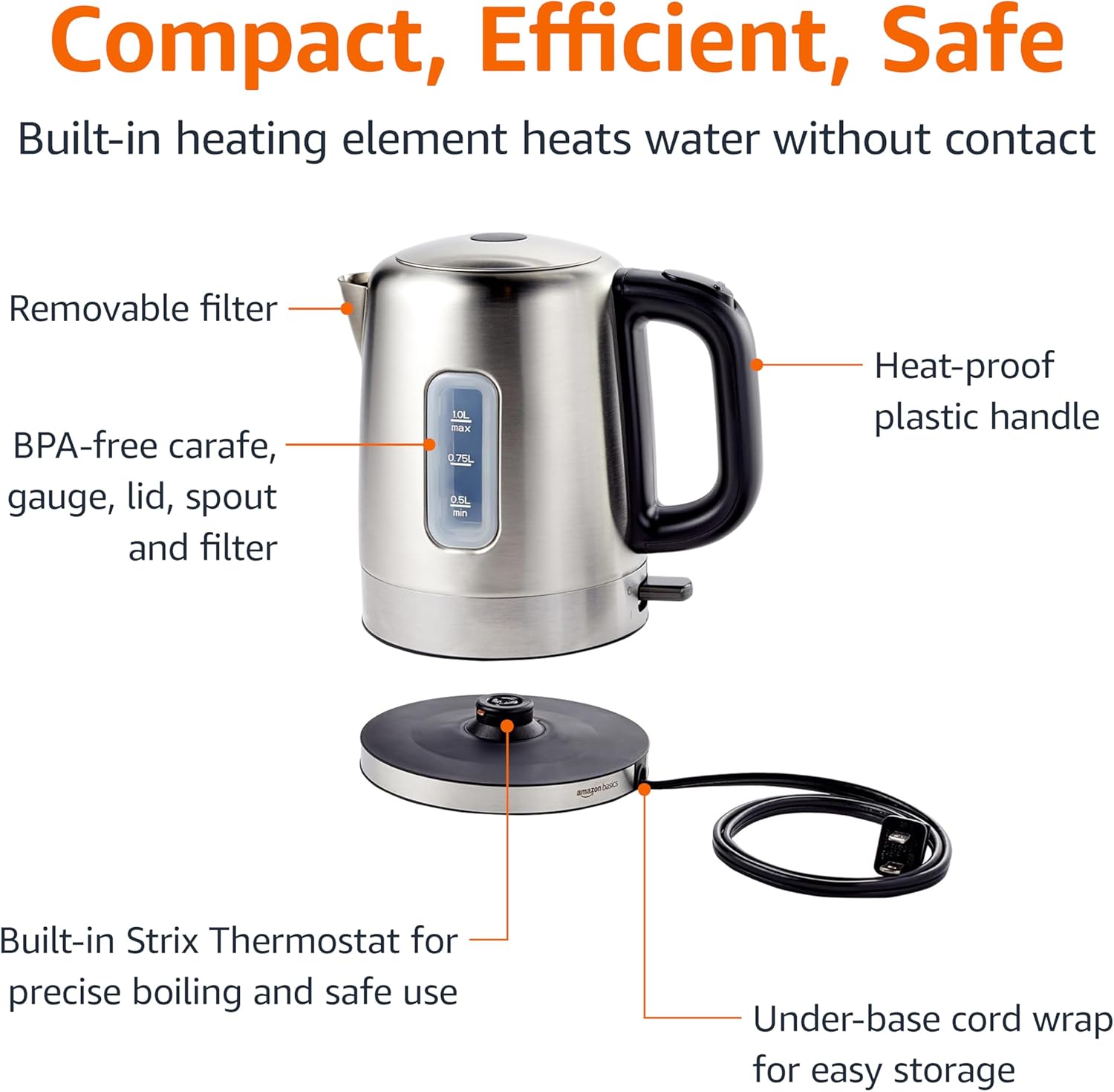 Amazon Basics Electric Stainless Steel Kettle for Tea and Coffee, BPA-