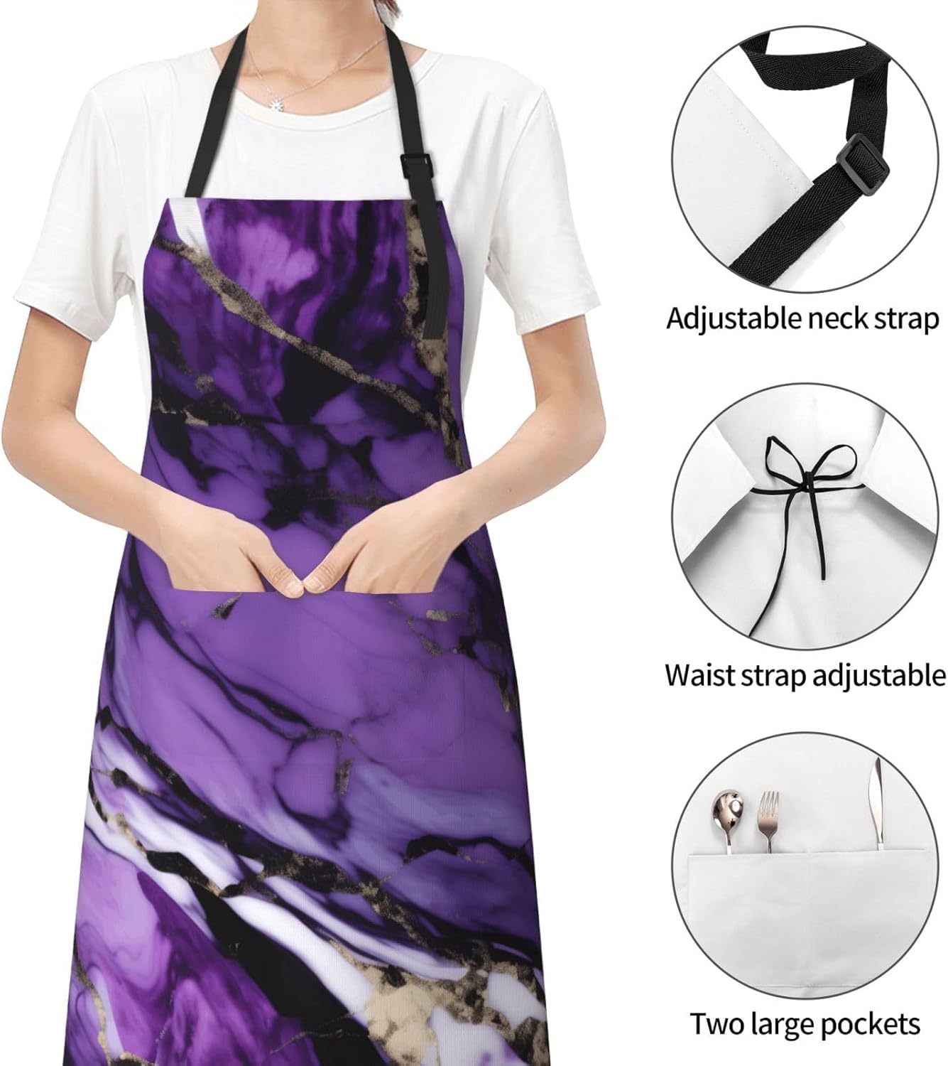 YANYU marble purple Print 28x33 In Kitchen Apron Stylish Chef Apron with Pockets for Cooking Baking Painting