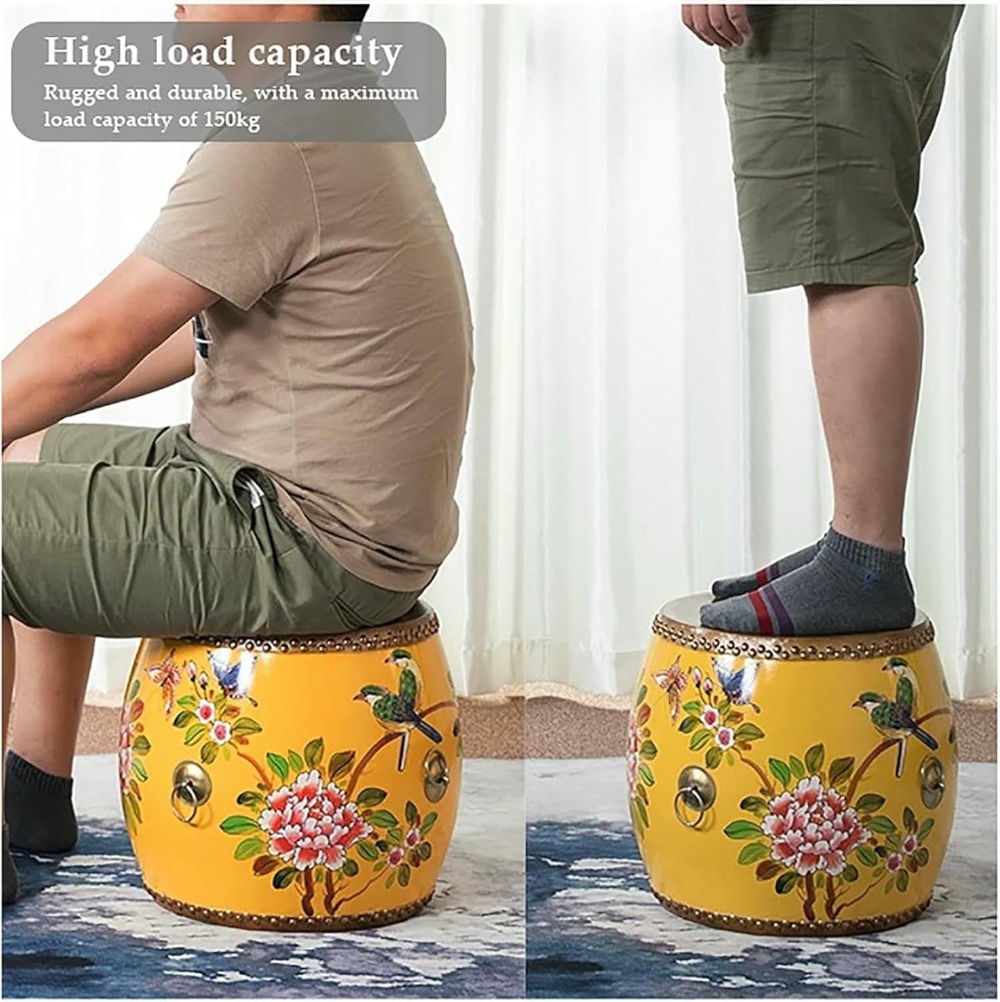 Wood Chinese Drum Stool,Decorative Ceramic Garden Stool Glazed Hand-Painted,Outdoor Side Table,Plant Stand for Living Room, Balcony & Garden