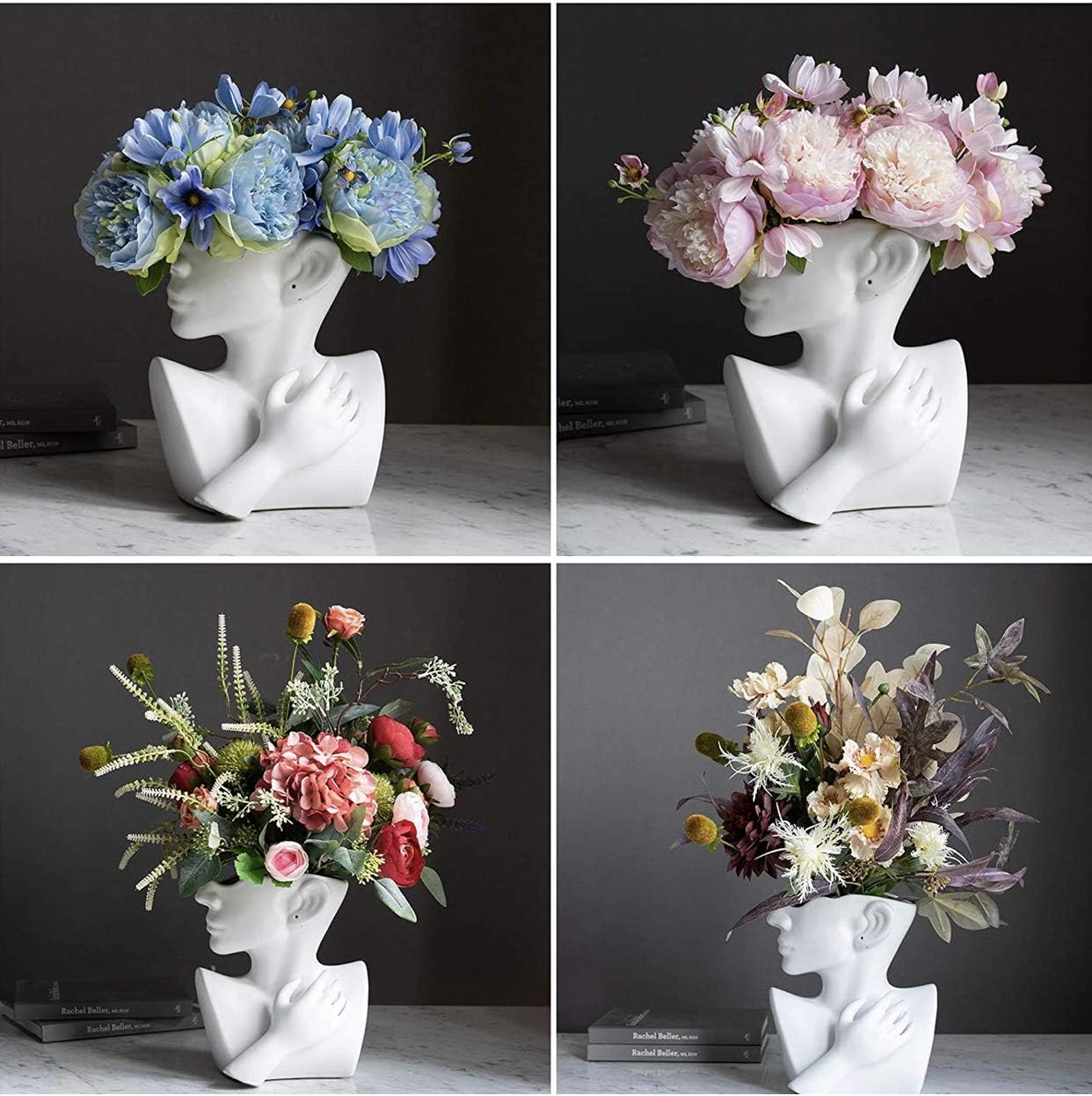 Ceramics Statue Flower Vase Face Pots Bust Head Shaped for Birthday Gifts Home Office Decoration (White)