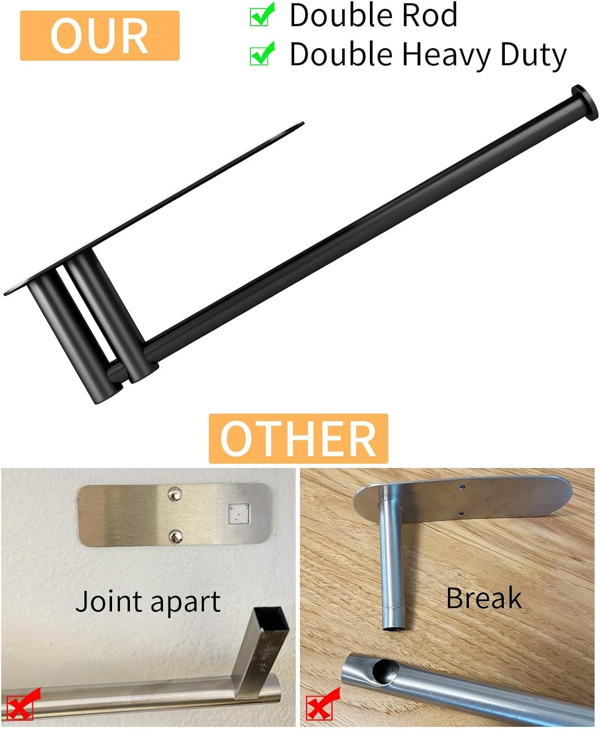 Under Cabinet Paper Towel Holder for Kitchen, Upgraded Heavy Duty Double Pole Design, Both Available in Adhesive & Screws, Self-Adhesive Bar Rack for Kitchen Towel, Stainless Steel, Black