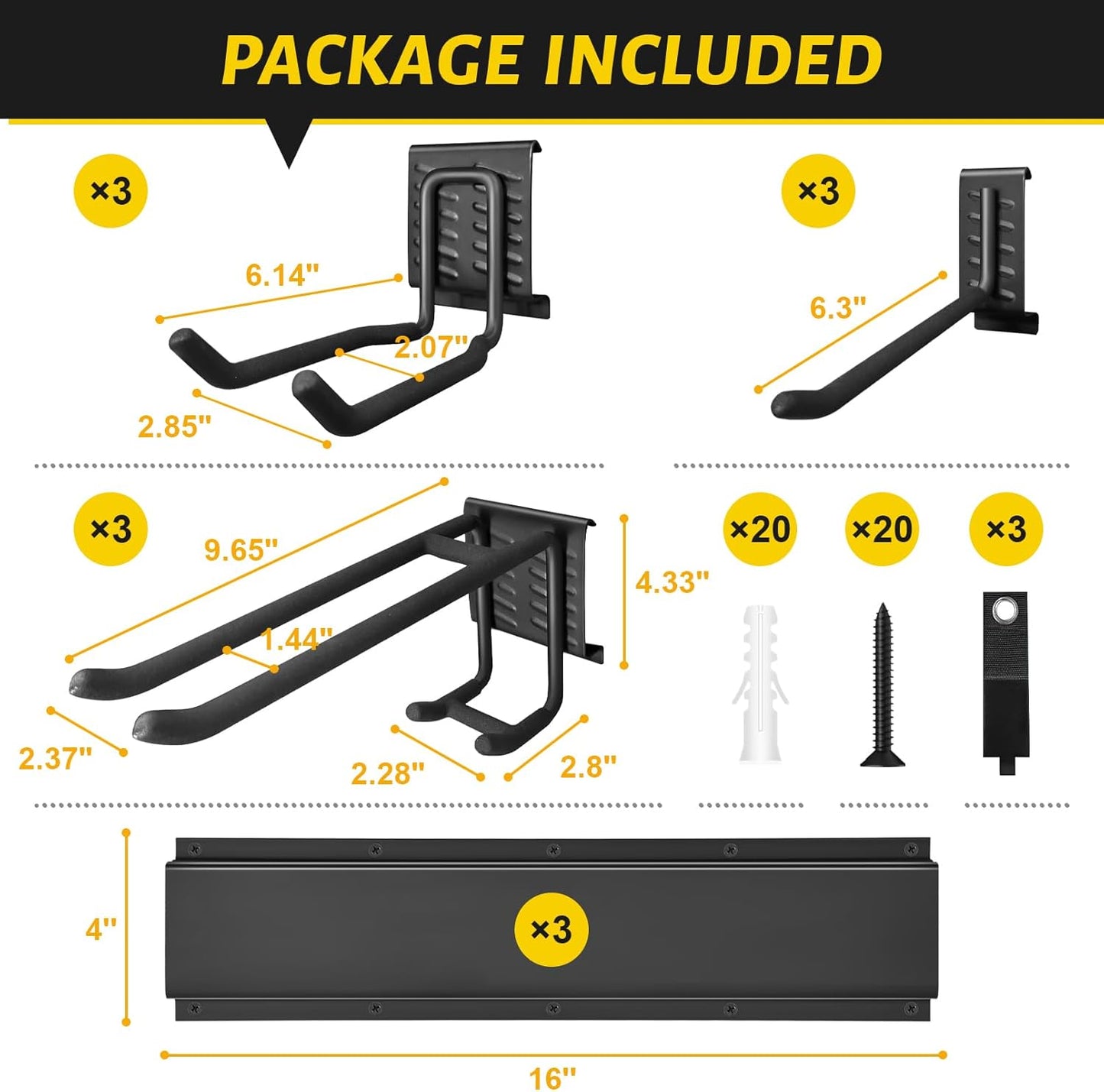 Garage Tool Organizer Wall Mount, 48 Inches Garden Garage Storage Organizer with Adjustable Hooks, Metal Garage Storage Rack Max Loading 440lbs, Tool Holder for Hanging Rake Broom Mop Snowboard