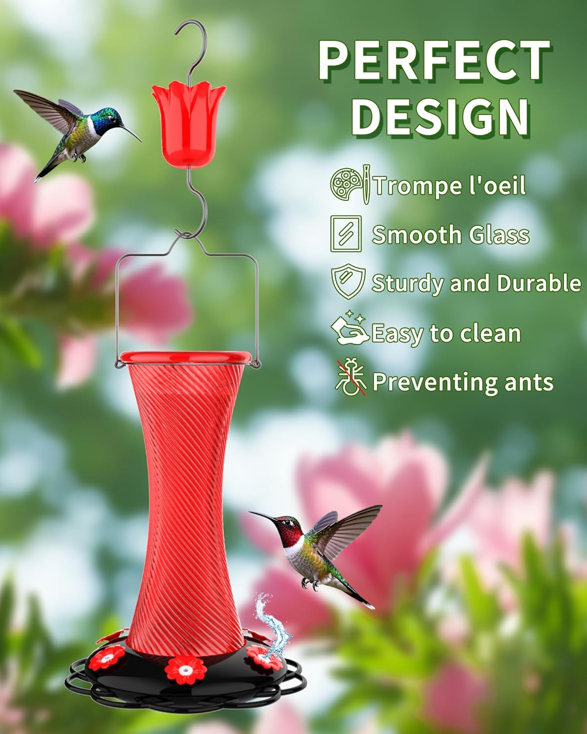 Hanging 20oz Glass Hummingbird Feeder with Moat, Small Outdoor Plastic