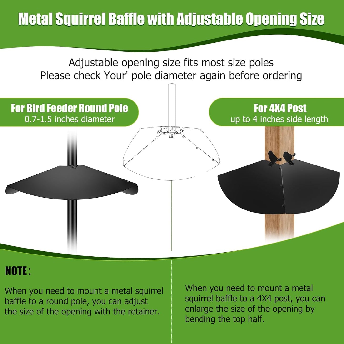 Metal Squirrel Baffle, 24 Inch Squirrel Guard for Bird Feeder Pole Or Shepherd's Hooks, Adjustable Opening Size for 4x4 Post Wooden or 0.7-1.5 Inch Round Pole, Hanging Squirrel Baffles