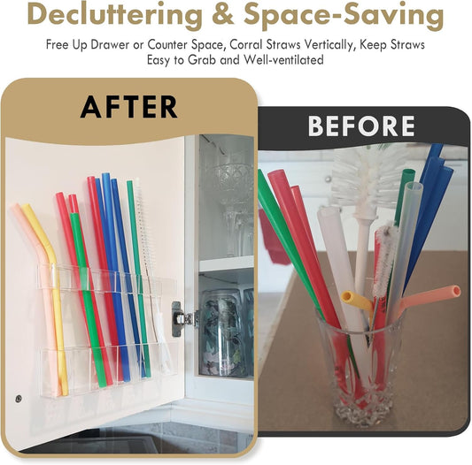 Acrylic Straw Holder for Cabinet Door - Child-Safe Organizer & Dispenser with Smooth Rounded Edges for Kitchen Accessories Storage, Adhesive Circles Included (Clear Transparent)