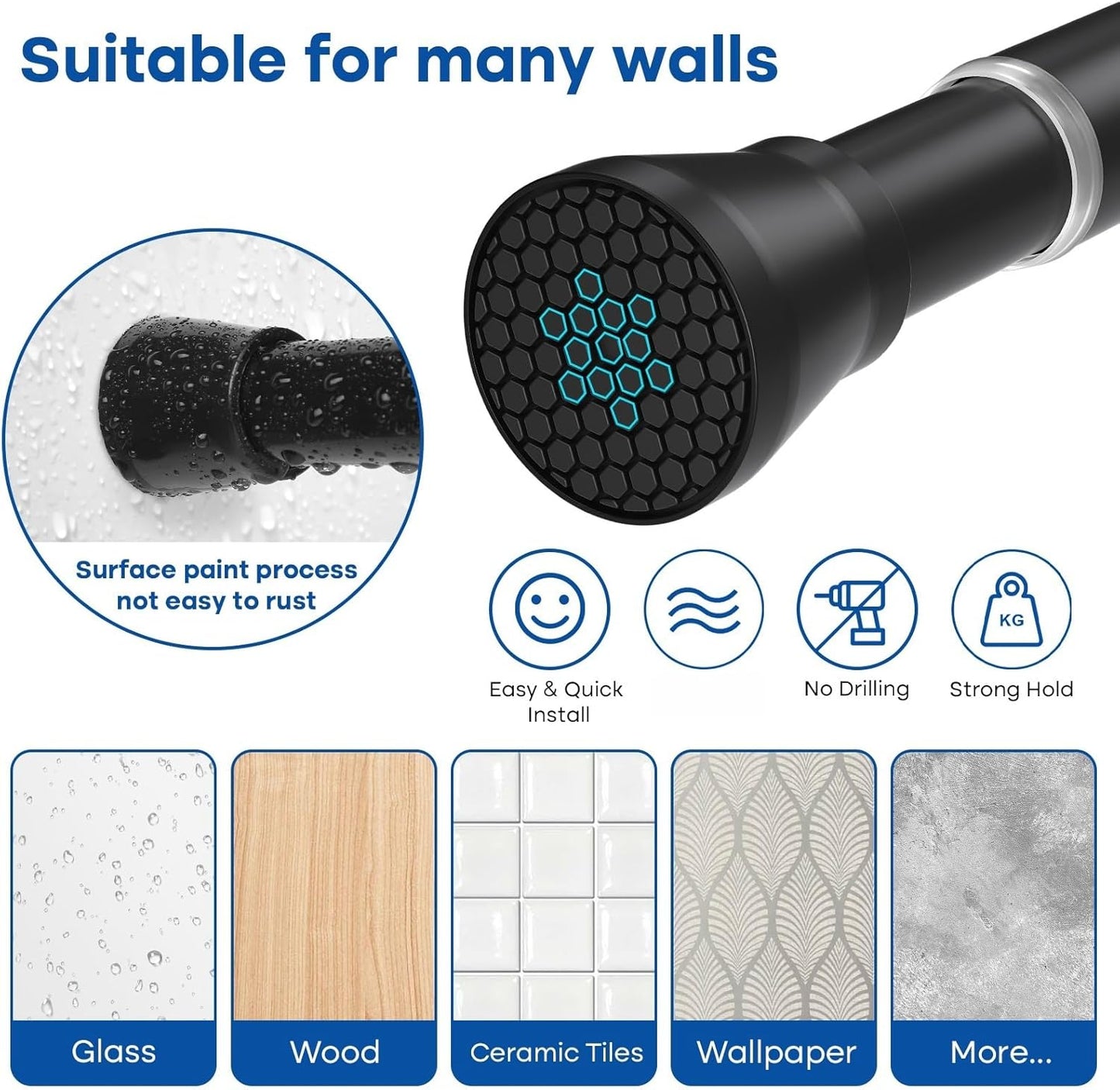 Black Tension Curtain Rod 28 to 48 Inch Spring Rod No Drilling Adjustable Shower Curtain Rod for Windows, Bathrooms, Closet, Kitchen