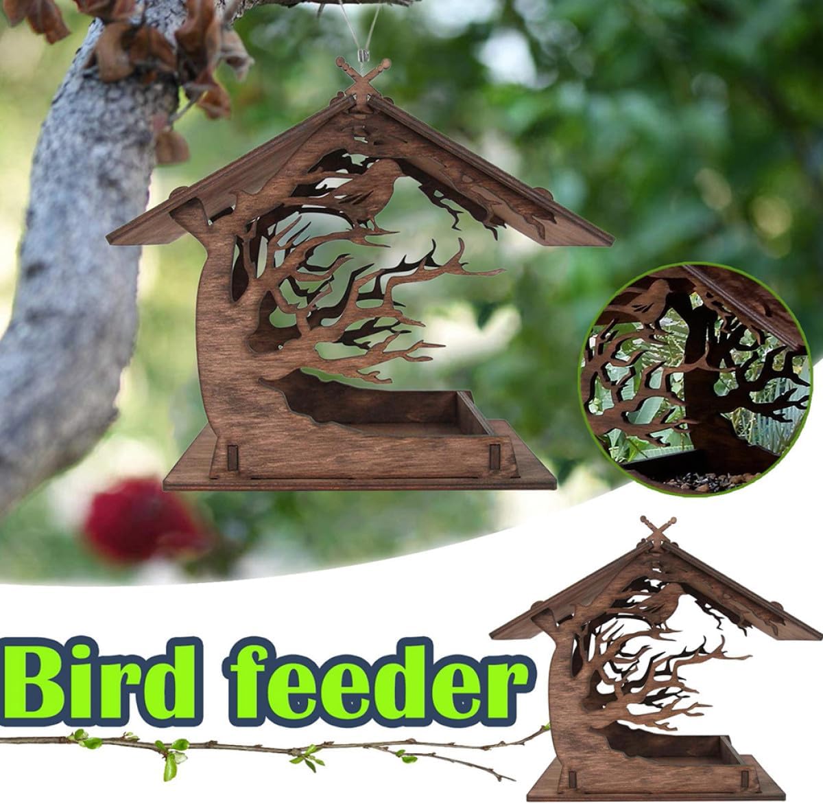 Milisten Wooden Decorative Bird Feeder House with Hanging Bird Food Co