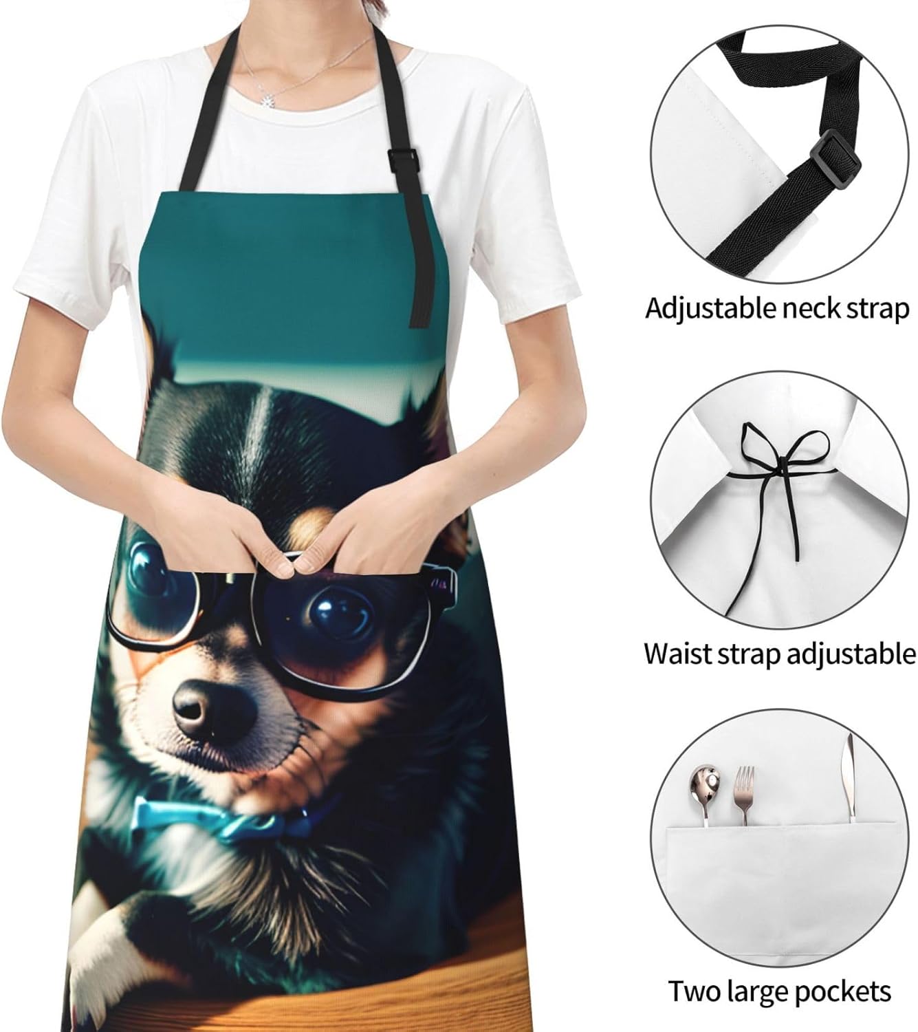 Chihuahua Dog Glasses Print 28x33 In Adult Kitchen Apron with Pockets 