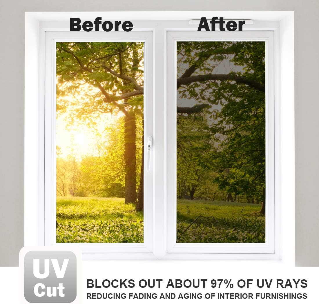 WPCTEV Window Film One Way Mirror Tint Vinyl Daytime Privacy Static Non-Adhesive Decorative Heat Control Anti UV Window Covering for Home and Office Black Silver 6 Mil 17.5 Inch x 6.5 Feet