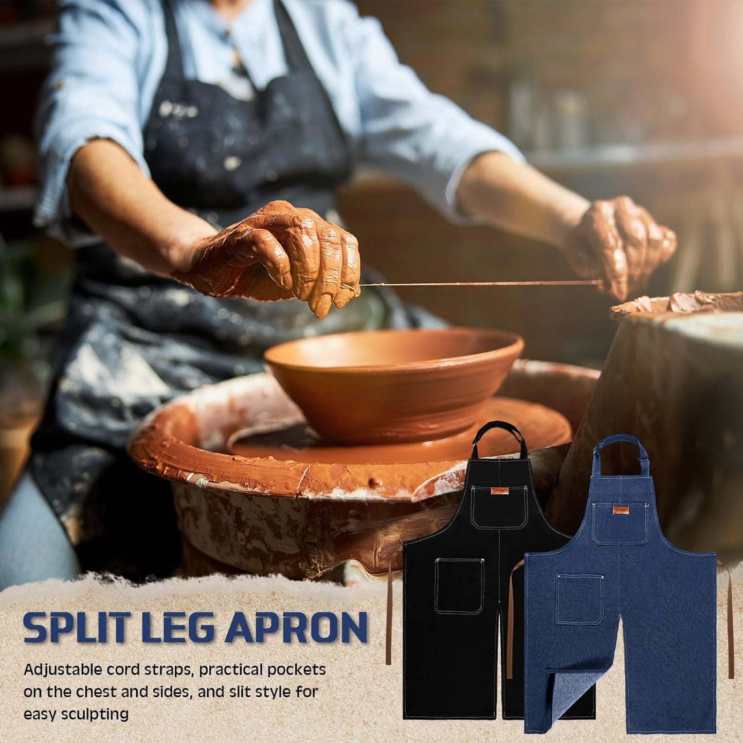 Cuffbow 2 Pcs Pottery Apron 35.4 x 27.6'' Denim Split Leg Apron with Tool Pockets Adjustable Strap Artist Potters for Ceramics Clay Tattoo Painting DIY, Blue, Black