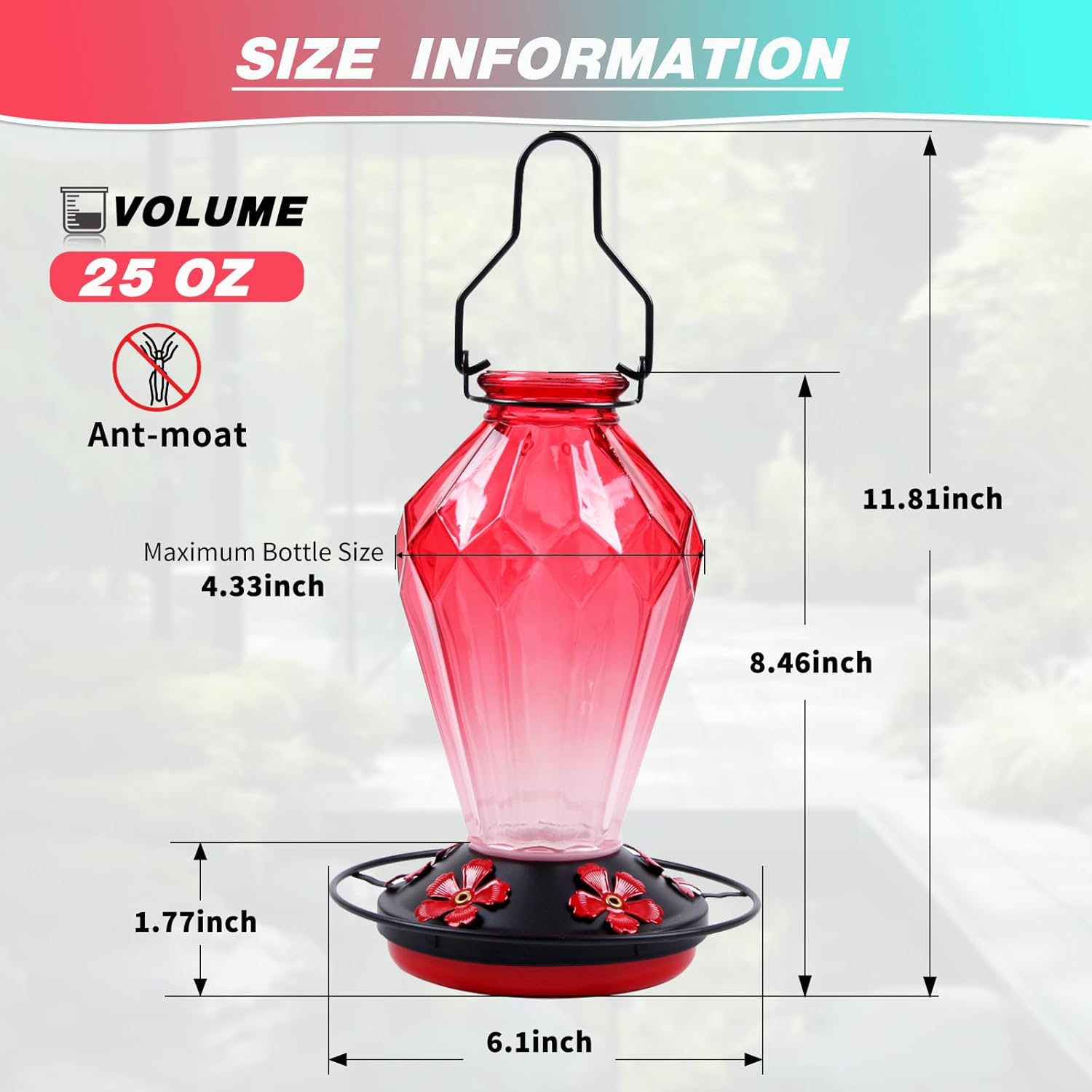 Glass Hummingbird Feeder for Outdoors Hanging, 25Oz Humming Bird Necta