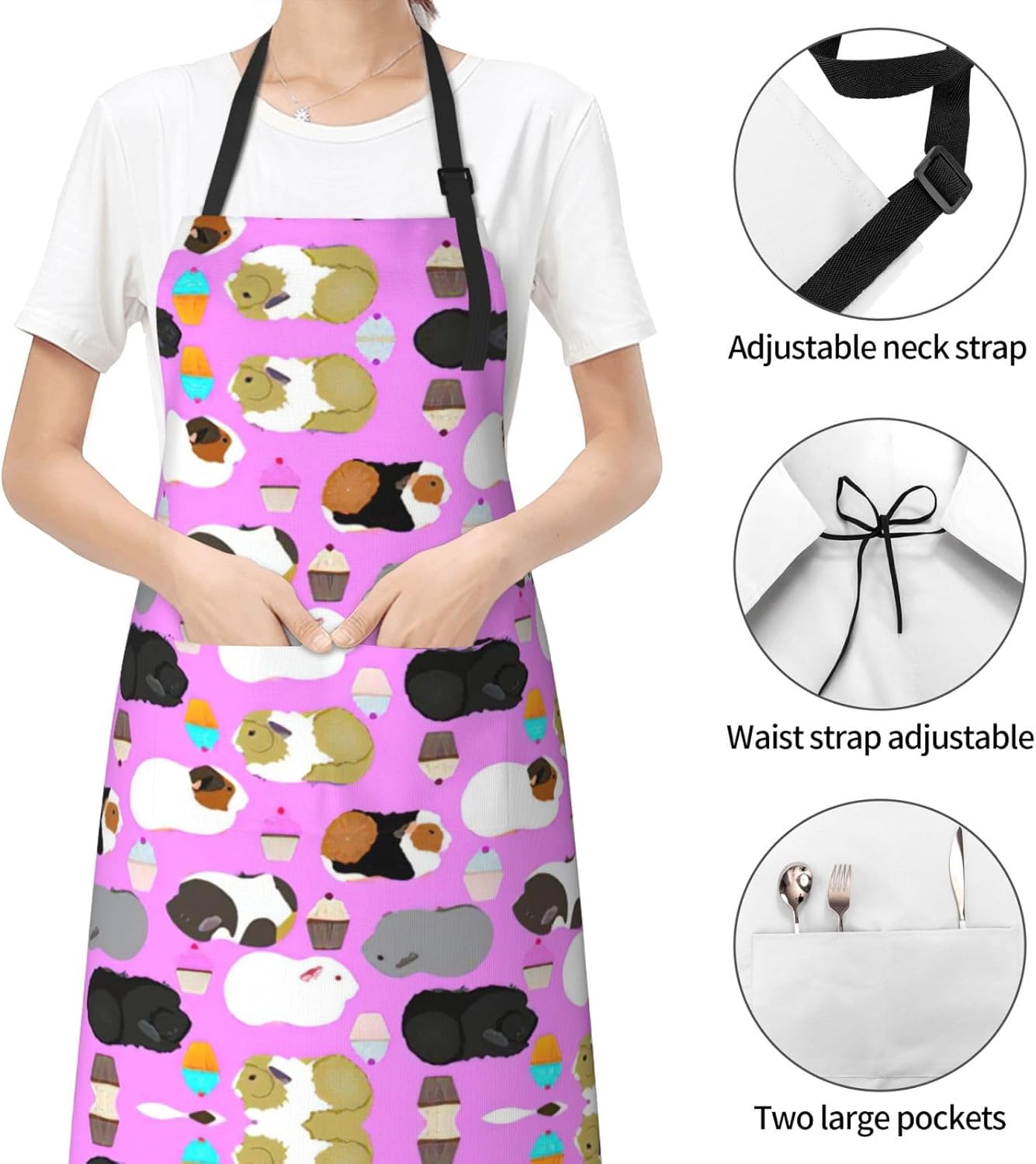 Guinea Pigs and Cupcakes Print 28x33 In Adult Kitchen Apron with Pockets Versatile Chef Smock for Cooking Baking