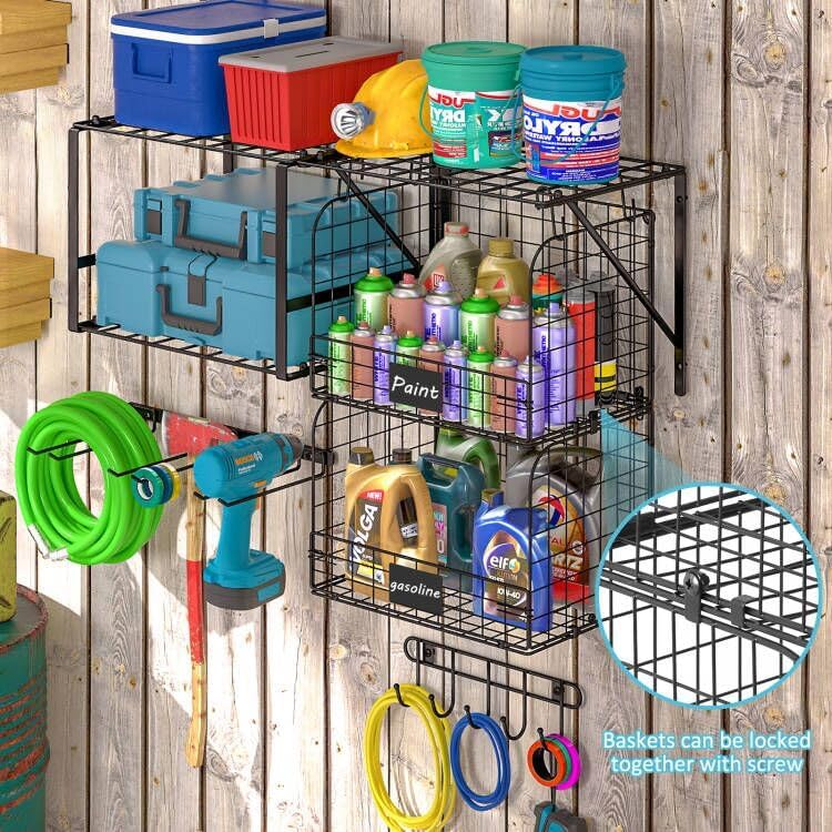 Garage Shelf Wall Mounted with Wire baskets, Heavy Duty Garage Wall Shelving with Garden Tool Rack and Hooks, Wire Shelf Baskets Tool Organizer for Home Garden Yard Organization and Storage