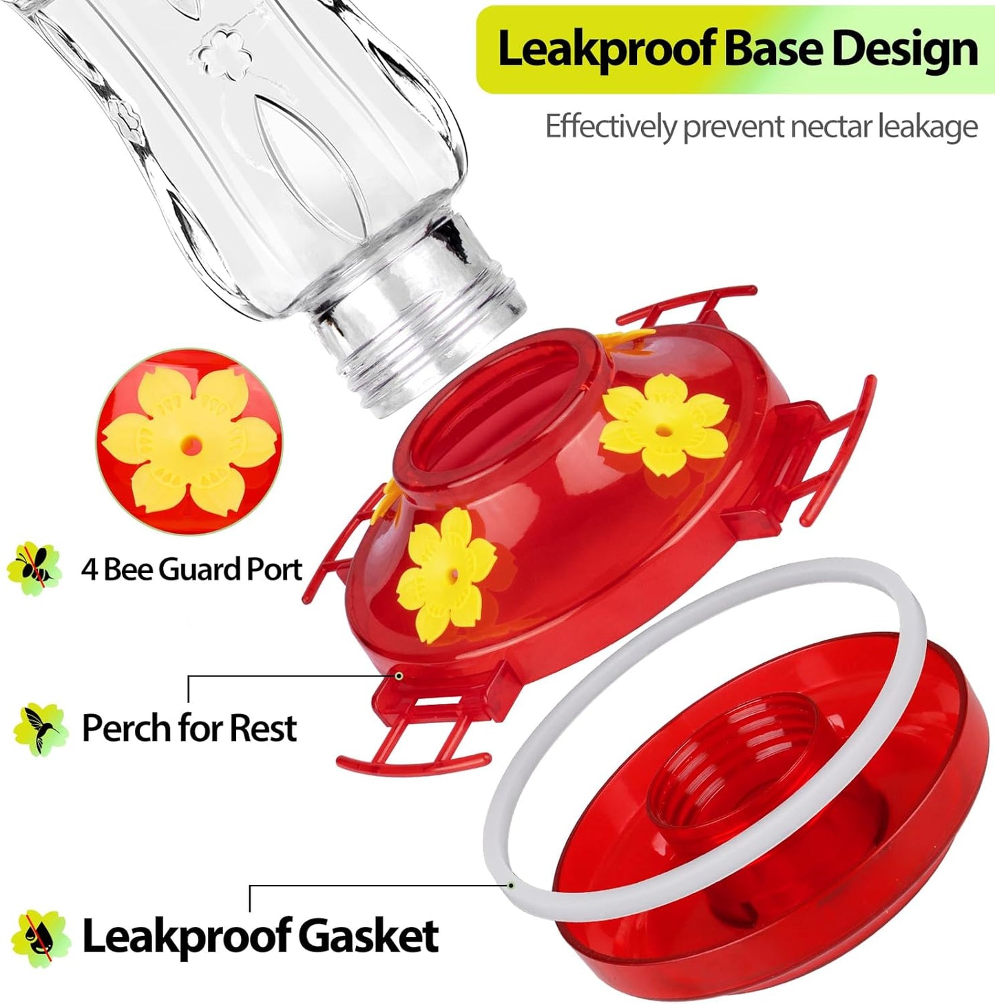 Glass Hummingbird Feeders for Outdoors, Built-in Ant Moat & Leakproof Design, XAROO Hummingbird Feeder with 4 Bee Guard Feeding Ports, 15OZ, Red, Gifts for Mom Wife Dad, Birthday Gift for Men Women