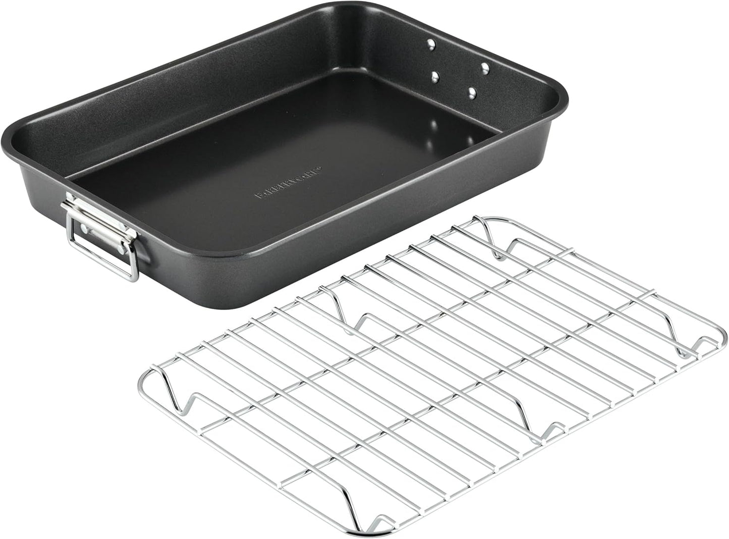 Farberware Bakeware Nonstick Steel Roaster with Flat Rack, 11-Inch x 1