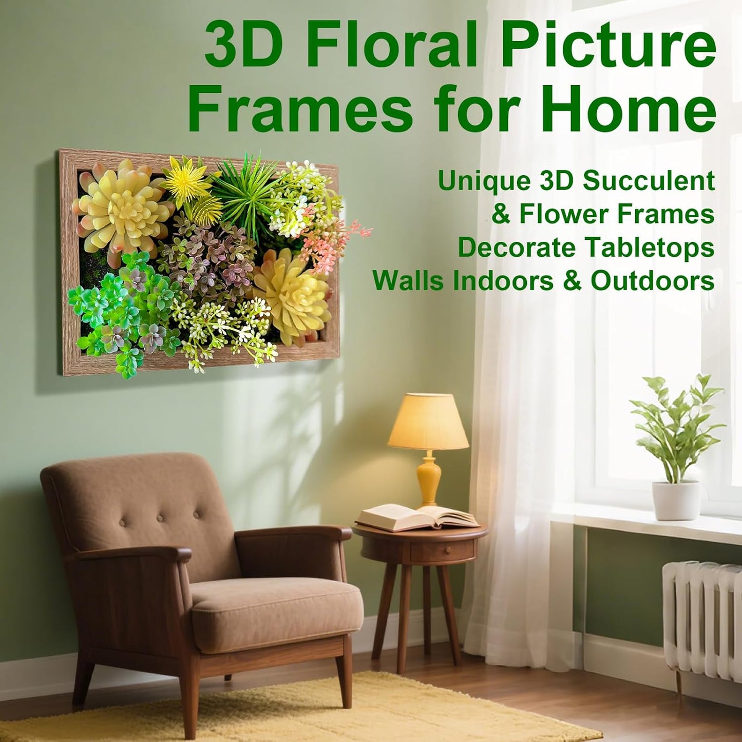 3D Artificial Succulent Floral Framed Faux Succulents Desk Plants for Table and Hanging Wall Decor for Room Decoration Background Living Outdoor(8x12 inch)