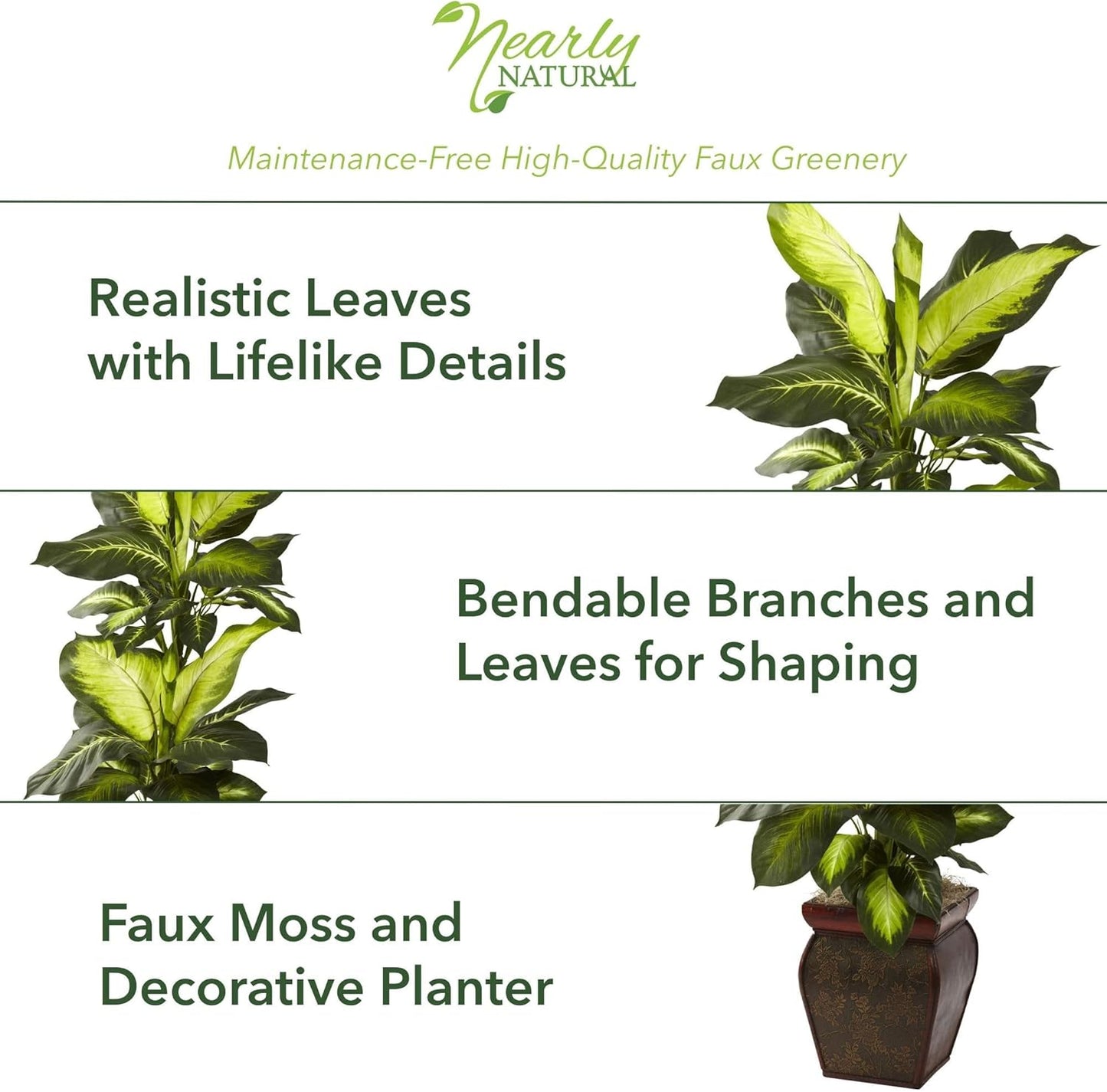 Nearly Natural Artificial Dieffenbachia, Floor Plant Faux Greenery With Decorative Planter For Indoor Home Decor