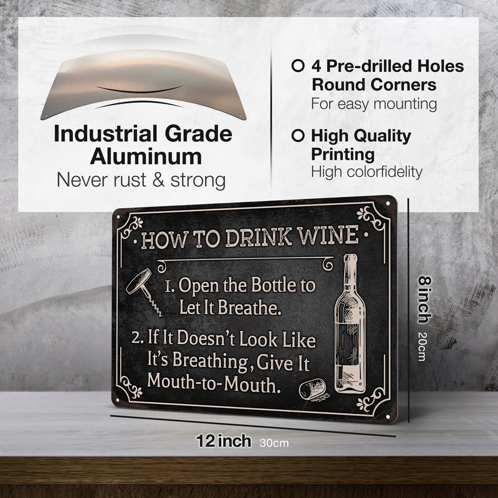 Heuhuww Funny Wine Bar Metal Sign-How To Drink Wine Wall Decor for Far