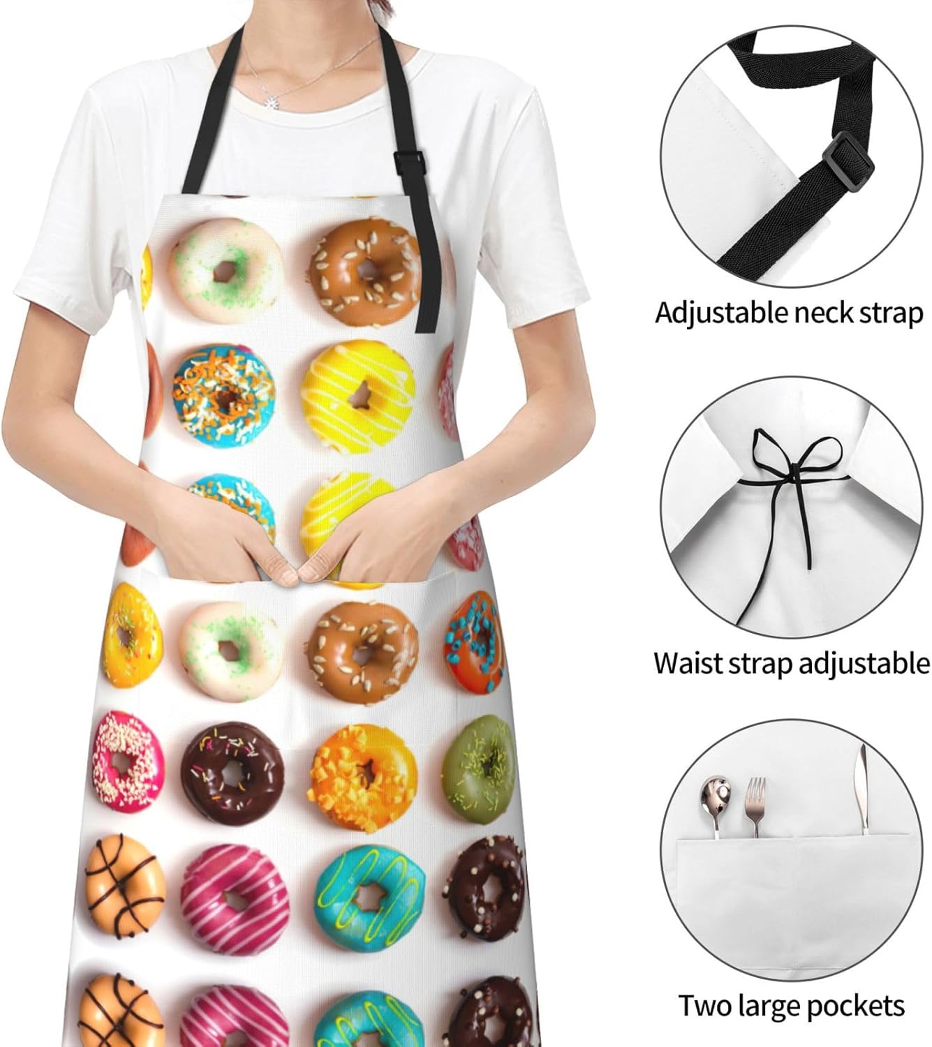 Different Flavors of Doughnuts print Waterproof apron with pocket adjustable cooking apron for adult kitchen bibs to bake