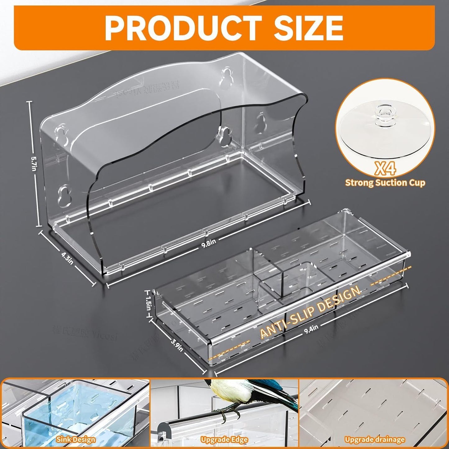 Window Mount Bird Feeder, Clear Acrylic with Suction Cups, Anti-Slip Design, No Punching Required, Outdoor Wild Seed and Water Humming Feeders,a Watching Gift,Garden Decor (Rectangle)