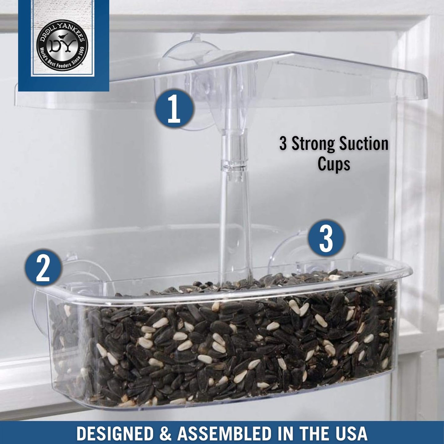 Droll Yankees Observer Window Bird Feeder with Suction Cups, 2 Cup Capacity, Clear